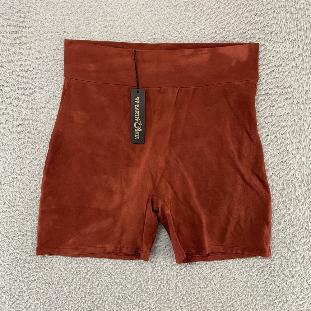 Of Earth & Salt Biker Shorts Womens Large Brown High Waist Cotton Spandex USA
